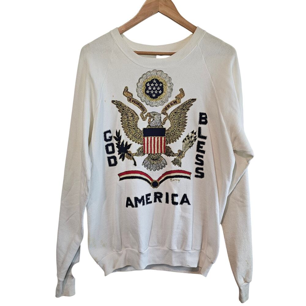 Vintage USA Sweater Womens XL White 4th of July America Eagle Granny 90s Glitter